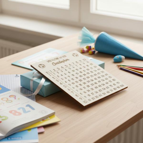 Personalisiertes 1x1‑Lernbrett aus Holz mit graviertem Namen und passender Lesehilfe im Bleistift‑Design.